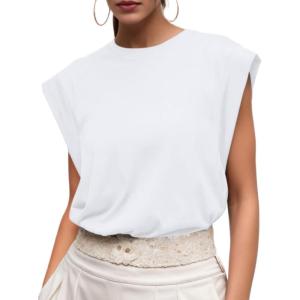 imageGRECERELLE Women 2025 Cap Sleeve Tops Summer Casual Tee Shirt Loose Crew Neck Basic Tank Trendy Work Vacation Outfits S2XLWhite