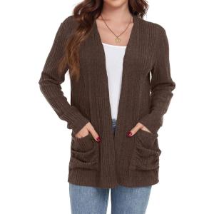 imageGRECERELLE Womens 2024 Long Sleeve Lightweight Open Front Casual Cardigan Sweaters Outerwear with PocketsBrown