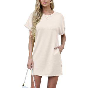 imageGRECERELLE Womens Summer Short Sleeve Tee Shirt Dress Crew Neck Casual Mini Sundress with PocketsApricot White