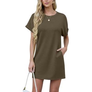 imageGRECERELLE Womens Summer Short Sleeve Tee Shirt Dress Crew Neck Casual Mini Sundress with PocketsArmy Green