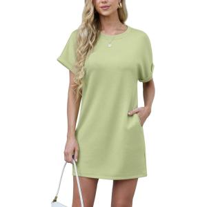imageGRECERELLE Womens Summer Short Sleeve Tee Shirt Dress Crew Neck Casual Mini Sundress with PocketsAvocado Green