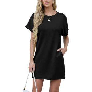 imageGRECERELLE Womens Summer Short Sleeve Tee Shirt Dress Crew Neck Casual Mini Sundress with PocketsBlack