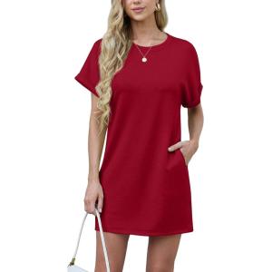 imageGRECERELLE Womens Summer Short Sleeve Tee Shirt Dress Crew Neck Casual Mini Sundress with PocketsBurgundy