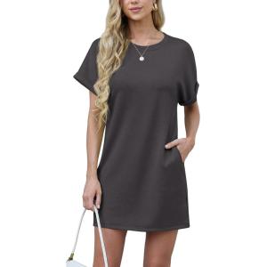 imageGRECERELLE Womens Summer Short Sleeve Tee Shirt Dress Crew Neck Casual Mini Sundress with PocketsDark Gray