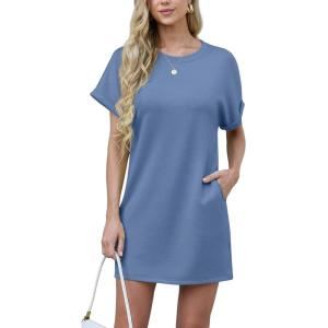 imageGRECERELLE Womens Summer Short Sleeve Tee Shirt Dress Crew Neck Casual Mini Sundress with PocketsDenim Blue