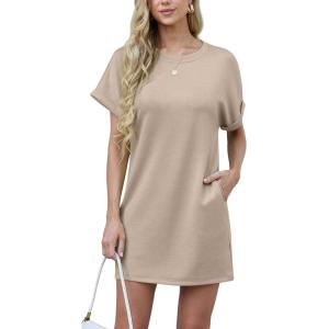 imageGRECERELLE Womens Summer Short Sleeve Tee Shirt Dress Crew Neck Casual Mini Sundress with PocketsKhaki