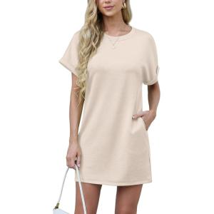 imageGRECERELLE Womens Summer Short Sleeve Tee Shirt Dress Crew Neck Casual Mini Sundress with PocketsLight Apricot