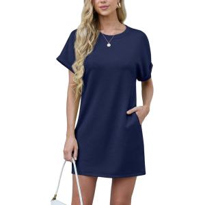 imageGRECERELLE Womens Summer Short Sleeve Tee Shirt Dress Crew Neck Casual Mini Sundress with PocketsNavy Blue