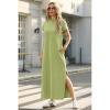 imageGRECERELLE 2025 Women Summer Mock Neck Short Sleeve Casual Loose Split WrinkleFree Long Maxi Dress with Pockets