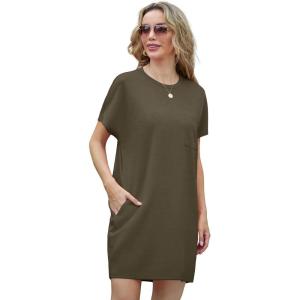 imageGRECERELLE Womens 2025 Casual Summer Shirt Dress Loose Round Neck Mini WrinkleFree Beach Dresses with Pocket