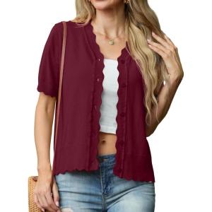 imageGRECERELLE Womens 2025 Short Sleeve Summer Sweater Tops Casual Button Down Knit CardiganBurgundy