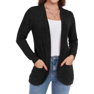 imageGRECERELLE Womens Long Sleeve Open Front Cardigan Casual VNeck Curved Hem Ribbed Knit Sweater Outerwear with Pockets01 Black