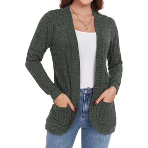 imageGRECERELLE Womens Long Sleeve Open Front Cardigan Casual VNeck Curved Hem Ribbed Knit Sweater Outerwear with PocketsArmy Green