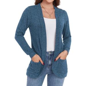 imageGRECERELLE Womens Long Sleeve Open Front Cardigan Casual VNeck Curved Hem Ribbed Knit Sweater Outerwear with PocketsBlue