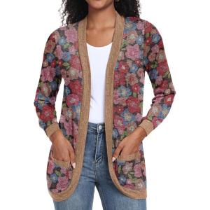 imageGRECERELLE Womens Long Sleeve Open Front Cardigan Casual VNeck Curved Hem Ribbed Knit Sweater Outerwear with PocketsBrown Pink Flower