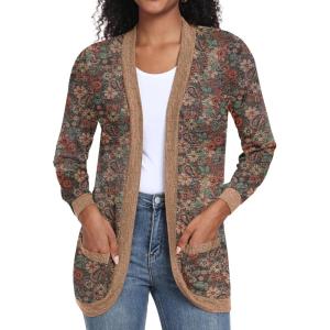 imageGRECERELLE Womens Long Sleeve Open Front Cardigan Casual VNeck Curved Hem Ribbed Knit Sweater Outerwear with PocketsCashew Brown