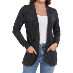 imageGRECERELLE Womens Long Sleeve Open Front Cardigan Casual VNeck Curved Hem Ribbed Knit Sweater Outerwear with PocketsDark Gray
