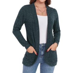 imageGRECERELLE Womens Long Sleeve Open Front Cardigan Casual VNeck Curved Hem Ribbed Knit Sweater Outerwear with PocketsDark Green