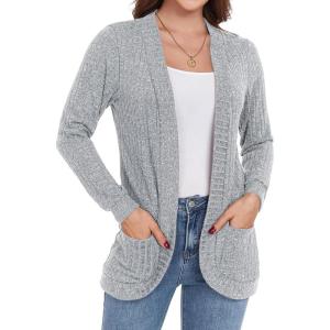 imageGRECERELLE Womens Long Sleeve Open Front Cardigan Casual VNeck Curved Hem Ribbed Knit Sweater Outerwear with PocketsGray