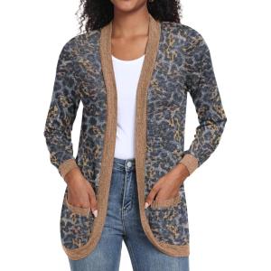 imageGRECERELLE Womens Long Sleeve Open Front Cardigan Casual VNeck Curved Hem Ribbed Knit Sweater Outerwear with PocketsLeopard Blue