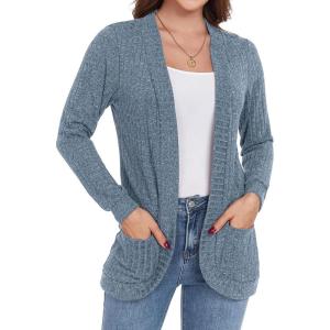 imageGRECERELLE Womens Long Sleeve Open Front Cardigan Casual VNeck Curved Hem Ribbed Knit Sweater Outerwear with PocketsLight Blue