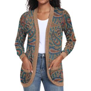 imageGRECERELLE Womens Long Sleeve Open Front Cardigan Casual VNeck Curved Hem Ribbed Knit Sweater Outerwear with PocketsPaisley Blue