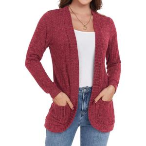 imageGRECERELLE Womens Long Sleeve Open Front Cardigan Casual VNeck Curved Hem Ribbed Knit Sweater Outerwear with PocketsRed
