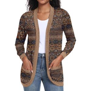 imageGRECERELLE Womens Long Sleeve Open Front Cardigan Casual VNeck Curved Hem Ribbed Knit Sweater Outerwear with PocketsRound Flower Brown