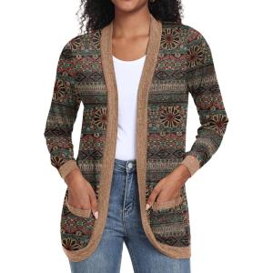 imageGRECERELLE Womens Long Sleeve Open Front Cardigan Casual VNeck Curved Hem Ribbed Knit Sweater Outerwear with PocketsRound Flower Green
