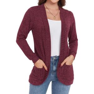 imageGRECERELLE Womens Long Sleeve Open Front Cardigan Casual VNeck Curved Hem Ribbed Knit Sweater Outerwear with PocketsWine Red