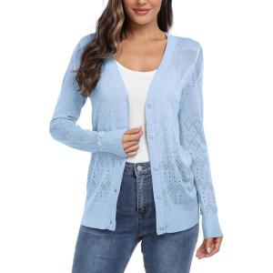 imageGRECERELLE Womens Summer Crochet Sweaters Long Sleeve Lightweight Bolero Knit CardigansLight Blue