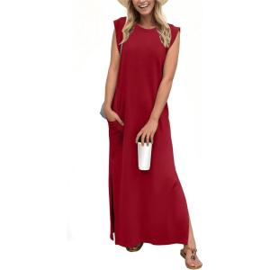 imageGRECERELLE 2024 Women Summer Crew Neck Casual Loose Split WrinkleFree Long Maxi Beach Dress with PocketsWine Red