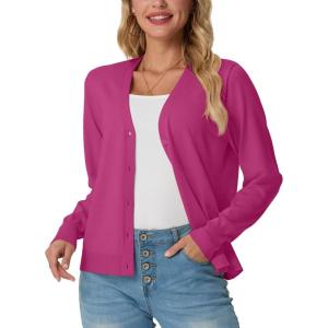 imageGRECERELLE 2025 Womens Lightweight Open Front Long Sleeve Casual Button Down VNeck Cardigan Sweater S2XLHot Pink