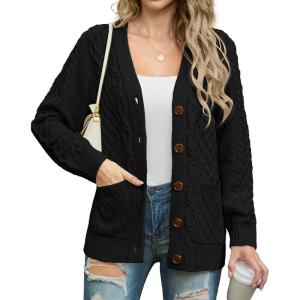 imageGRECERELLE Women 2024 Fall Long Sleeve Cable Knit Sweater Button Open Front Cardigan Loose Outerwear Coat with PocketsBlack