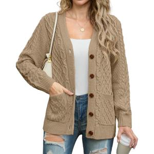 imageGRECERELLE Women 2024 Fall Long Sleeve Cable Knit Sweater Button Open Front Cardigan Loose Outerwear Coat with PocketsKhaki