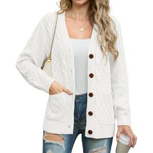 imageGRECERELLE Women 2024 Fall Long Sleeve Cable Knit Sweater Button Open Front Cardigan Loose Outerwear Coat with PocketsWhite