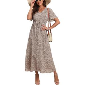 imageGRECERELLE Women Boho Summer Floral Print Loose Casual Dress V Neck Short Sleeve Drawstring Waist Flowy Long Maxi Dresses26 Floret Coffee