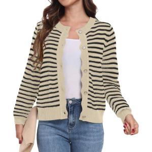 imageGRECERELLE Women Knit Cardigan Sweaters Long Sleeve Open Front Button Down Casual Trendy Jackets OutwearStripedapricot Black