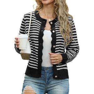 imageGRECERELLE Women Knit Cardigan Sweaters Long Sleeve Open Front Button Down Casual Trendy Jackets OutwearStripedblack White