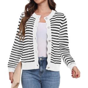 imageGRECERELLE Women Knit Cardigan Sweaters Long Sleeve Open Front Button Down Casual Trendy Jackets OutwearStripedwhite Black