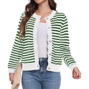 imageGRECERELLE Women Knit Cardigan Sweaters Long Sleeve Open Front Button Down Casual Trendy Jackets OutwearStripedwhite Dark Green