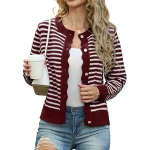imageGRECERELLE Women Knit Cardigan Sweaters Long Sleeve Open Front Button Down Casual Trendy Jackets OutwearStripedwind Red White