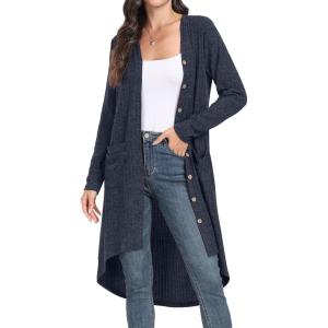 imageGRECERELLE Womens Cardigans Lightweight 2024 Long Sleeve Button Down Duster Casual Long Cardigan Outerwear with PocketsRibbednavy Blue