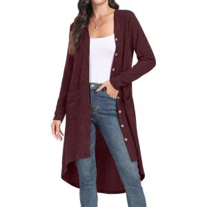 imageGRECERELLE Womens Cardigans Lightweight 2024 Long Sleeve Button Down Duster Casual Long Cardigan Outerwear with PocketsRibbedwine Red