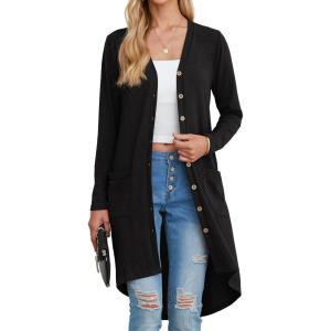 imageGRECERELLE Womens Cardigans Lightweight 2025 Long Sleeve Button Down Duster Casual Long Cardigan Outerwear with PocketsBlack