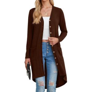 imageGRECERELLE Womens Cardigans Lightweight 2025 Long Sleeve Button Down Duster Casual Long Cardigan Outerwear with PocketsCoffee
