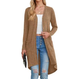 imageGRECERELLE Womens Cardigans Lightweight 2025 Long Sleeve Button Down Duster Casual Long Cardigan Outerwear with PocketsKhaki