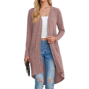 imageGRECERELLE Womens Cardigans Lightweight 2025 Long Sleeve Button Down Duster Casual Long Cardigan Outerwear with PocketsLight Pink