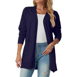 imageGRECERELLE Womens Lightweight Open Front Casual VNeck Long Cardigan Sweater with Pockets S2XLNavy Blue