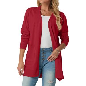 imageGRECERELLE Womens Lightweight Open Front Casual VNeck Long Cardigan Sweater with Pockets S2XLRed